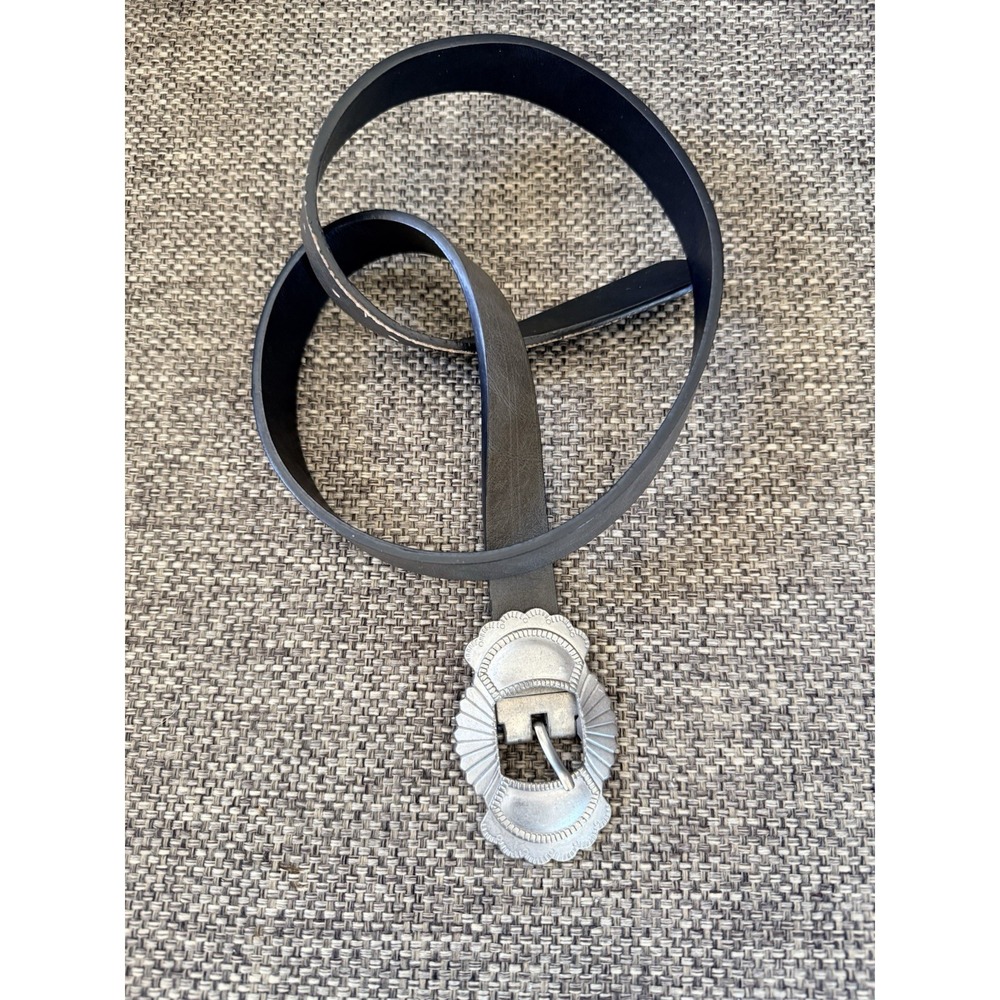 JESSICA SIMPSON Designe Black Faux LEATHER‎ Western Silver Buckle Belt 36"L